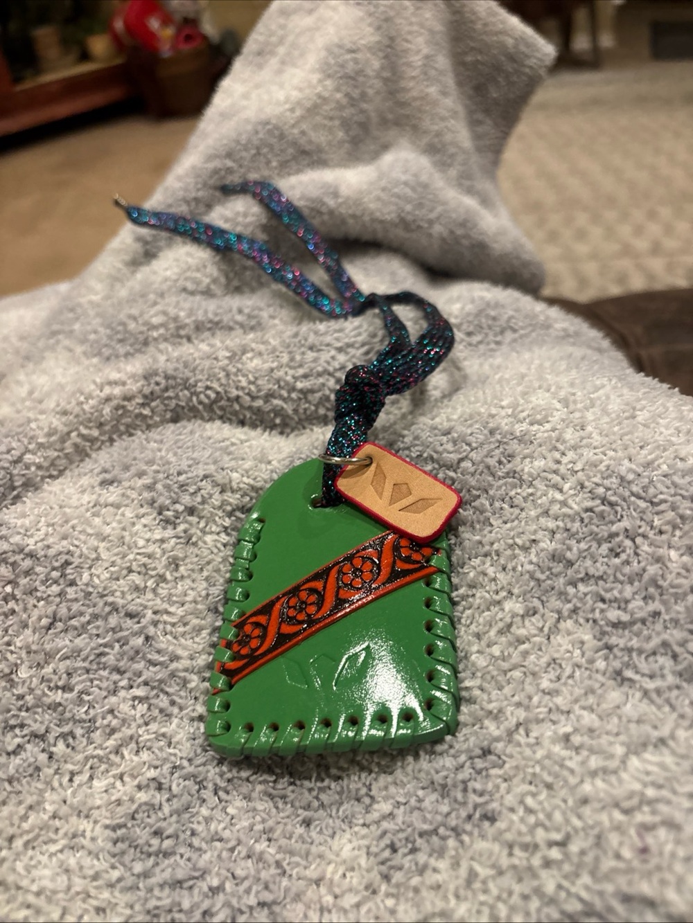 Consuela Handcrafted Green Leather luggage tag charm with Orange Accent